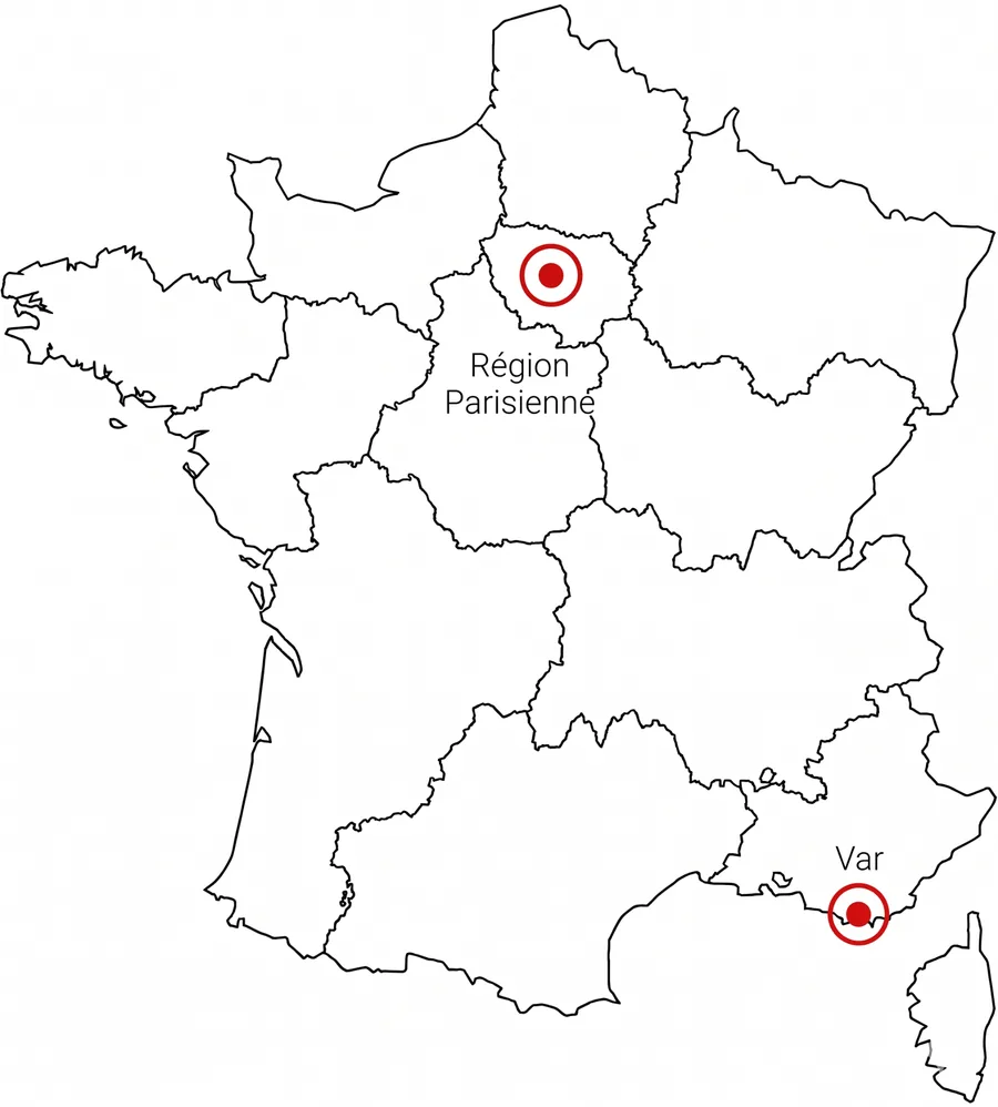 Carte de France indiquant nos zones d'intervention : région parisienne et Var